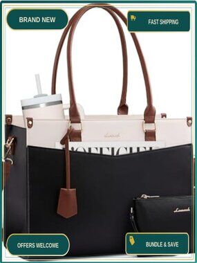 Faux Leather Laptop Tote Bag Waterproof Work Messenger 15.6in